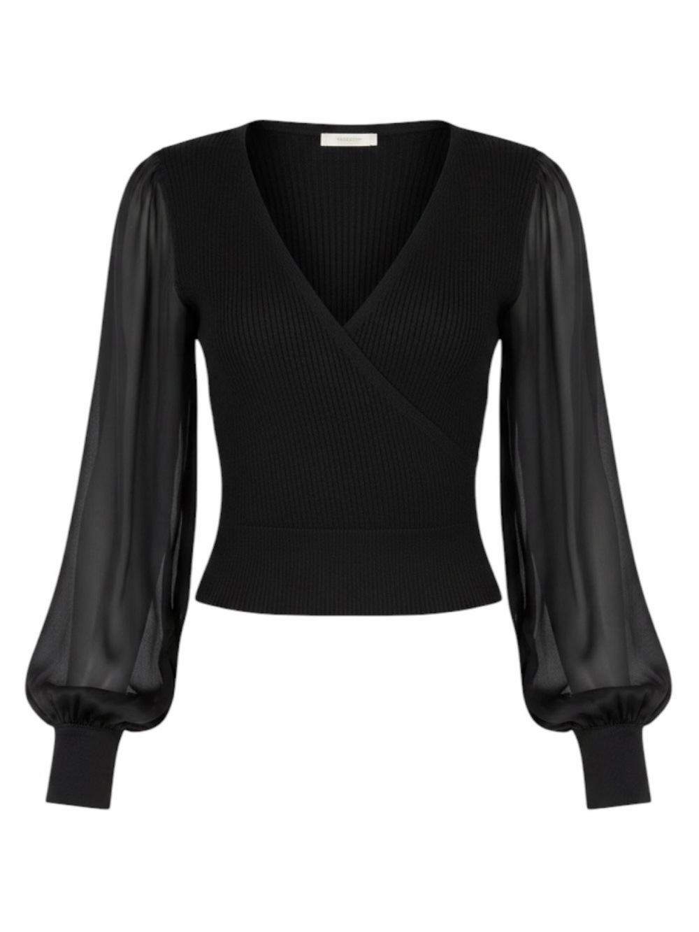 Anthropologie Twofer Faux Wrap Sweater Black Puff Sleeve Ribbed‎ MP